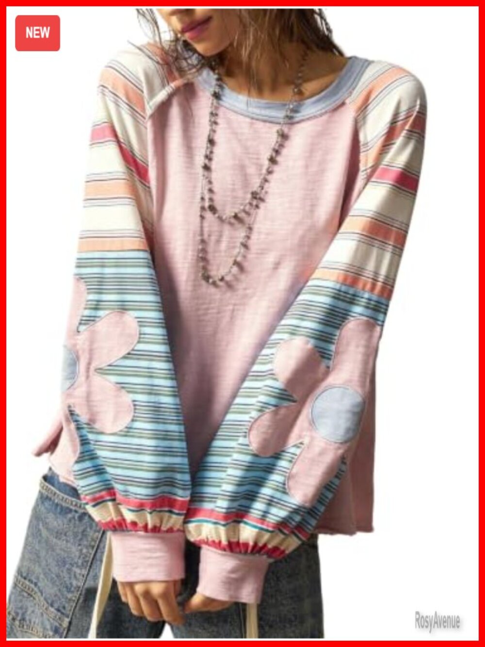 Oversized Sweatshirt Boho Crewneck Drop Shoulder Pullover Long Sleeve